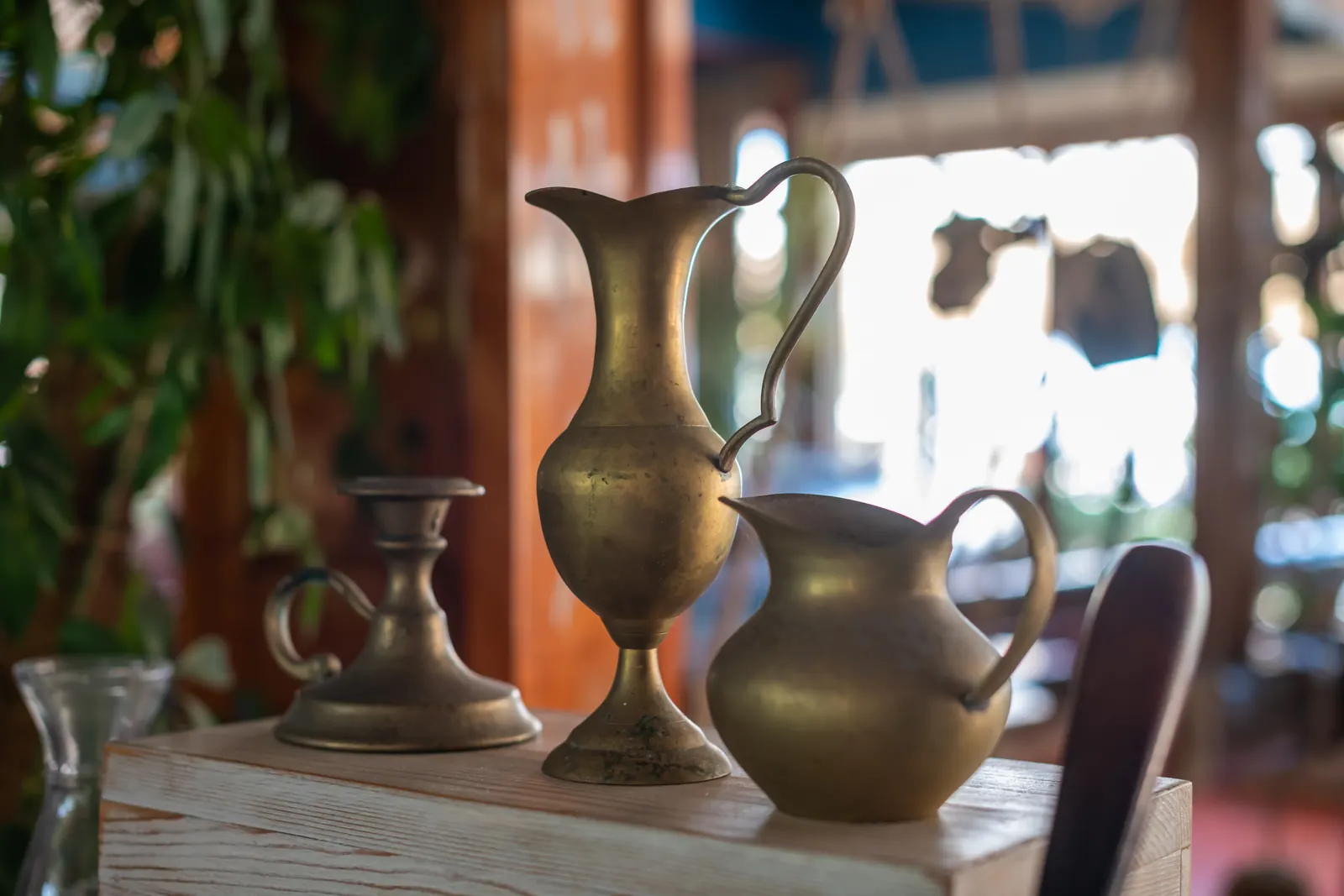 Brass jugs in the dining room