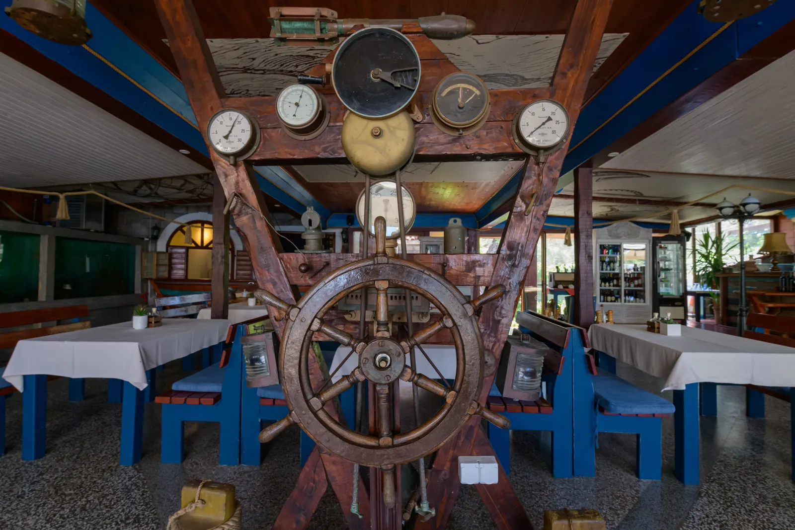 Ship instruments and wheel, interior detail