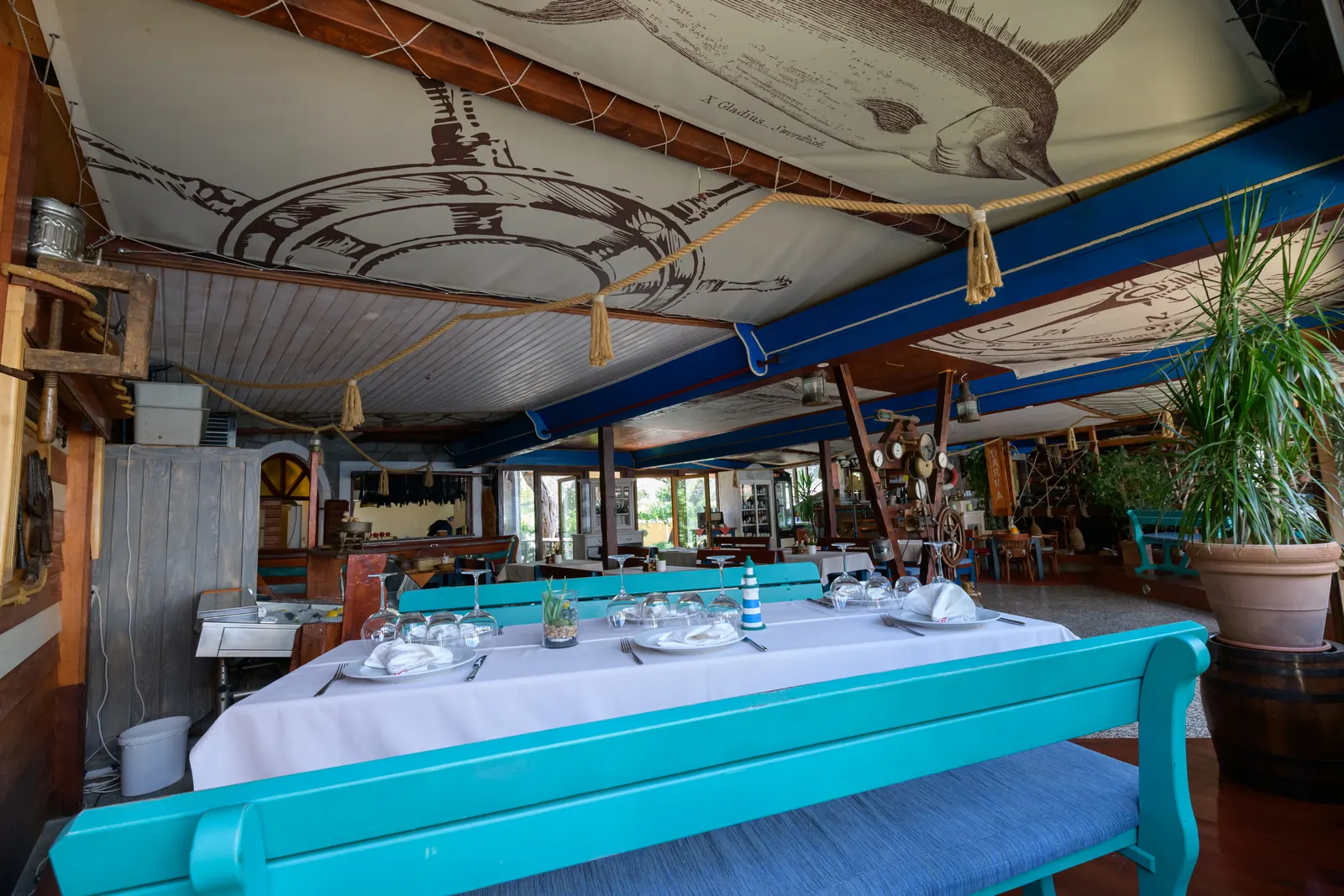 The swordfish sail above the dining room