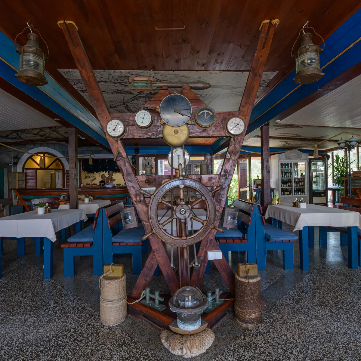 Ship wheel in the dining room of Porto Adriatic restaurant