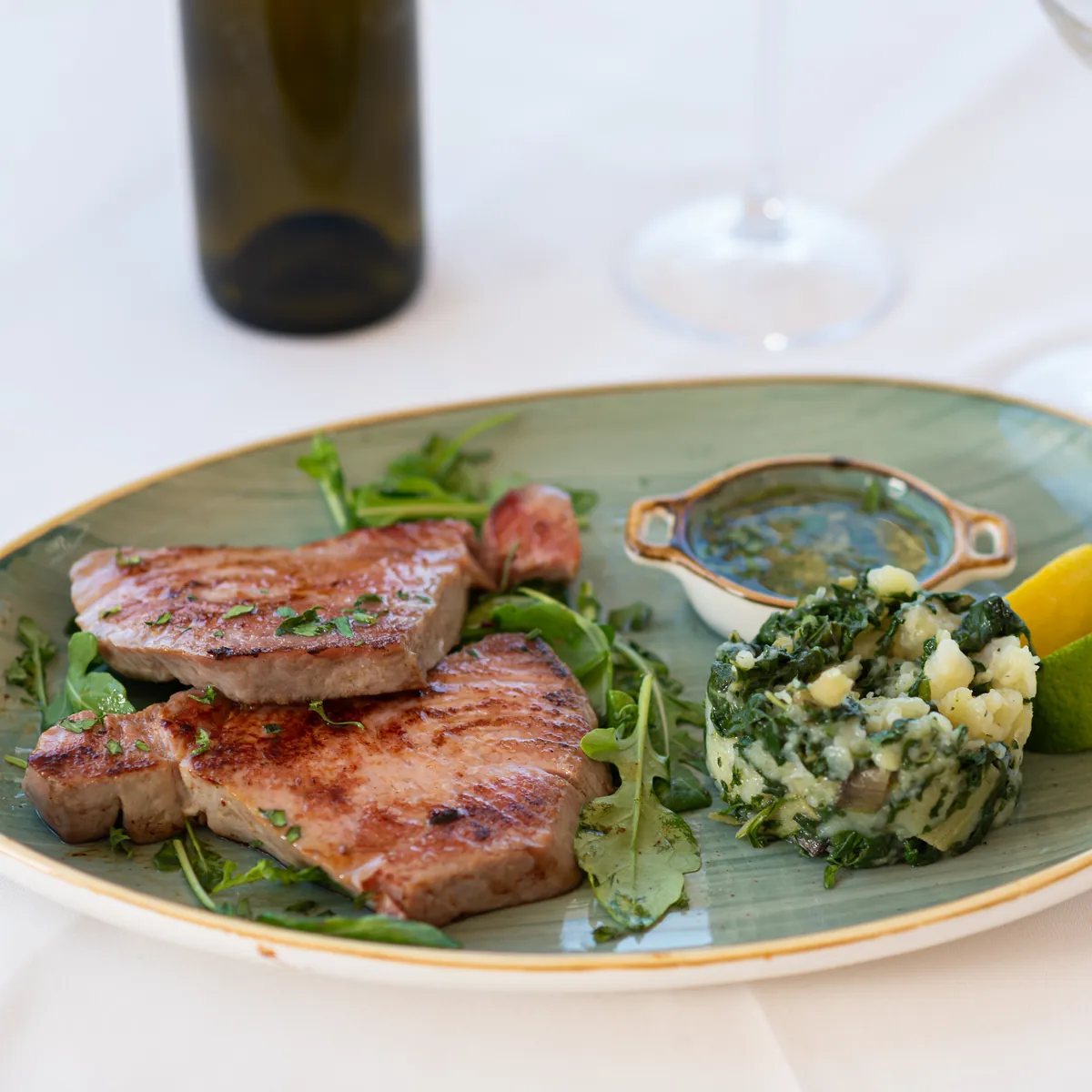 Tuna steak on a plate, house specialty